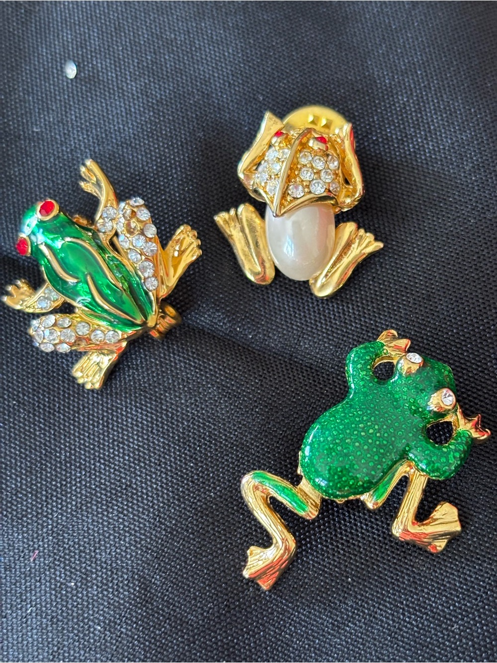 Gold-tone Green Frog Brooch Trio with Rhinestones